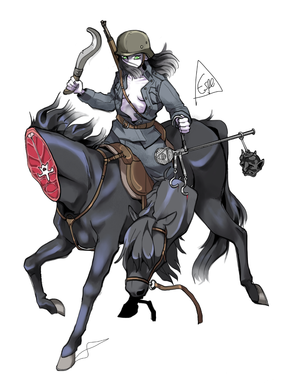 1girl black_hair black_horse bolt_action breasts cavalry espedraws full_body green_eyes gun hat headless helmet highres holding holding_sword holding_weapon horseback_riding long_hair long_sleeves military military_hat military_uniform mosin-nagant open_clothes original riding rifle sickle simple_background solo sword uniform weapon white_background zombie