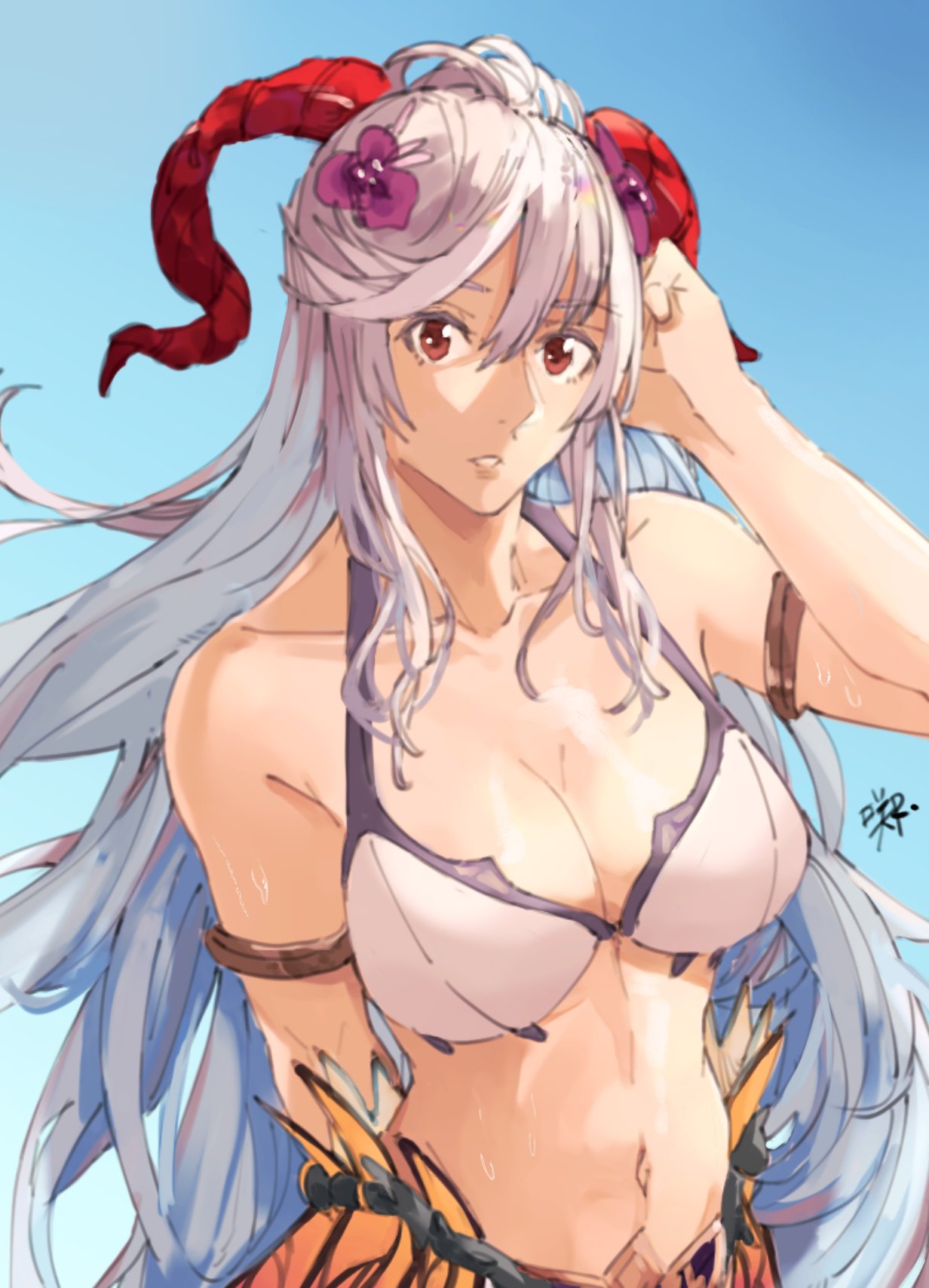 1girl alternate_costume arm_behind_back arm_up armlet bangs bikini blue_hair blue_sky breasts collarbone commentary curled_horns day english_commentary eyebrows_visible_through_hair fire_emblem fire_emblem_heroes flower freyja_(fire_emblem) goat_horns hair_between_eyes hair_flower hair_ornament hand_in_hair hand_on_own_head highres horns large_breasts lips long_hair looking_at_viewer multicolored_hair navel official_alternate_costume outdoors parted_lips purple_flower red_eyes red_horns sakuremi sidelocks signature sky solo swimsuit teeth thorns two-tone_hair very_long_hair wet white_bikini white_hair white_swimsuit