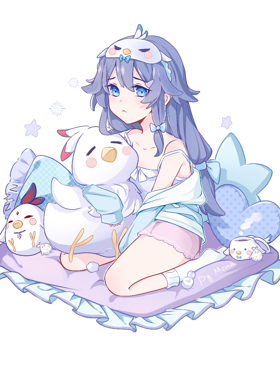 1girl :&lt; bangs bare_shoulders bird black_hair blue_eyes blue_jacket chicken child closed_mouth cup fu_hua full_body hair_between_eyes hair_ornament hair_ribbon hairpin heart heart_pillow highres honkai_(series) honkai_impact_3rd jacket long_hair long_sleeves looking_at_viewer monabianou pajamas pillow pink_skirt ponytail ribbon shirt simple_background sitting skirt sleep_mask socks solo star_pillow stuffed_animal stuffed_toy tea teacup wariza white_background white_legwear white_shirt younger