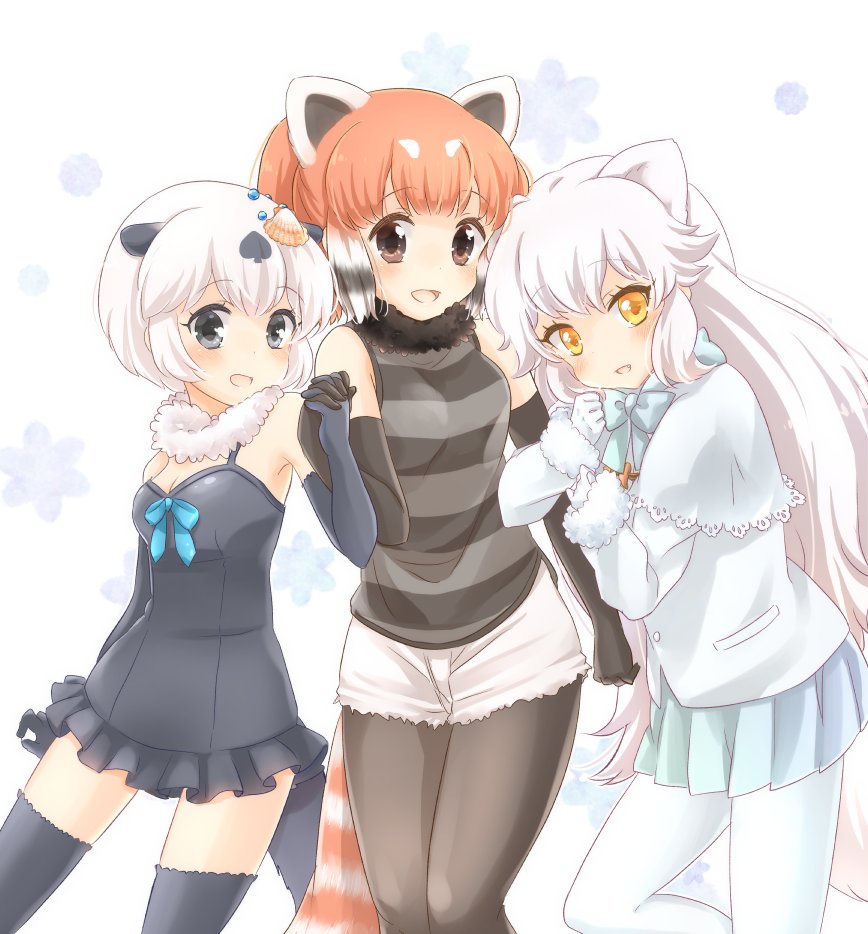 3girls animal_ears arctic_fox_(kemono_friends) bare_shoulders black_fur black_gloves black_legwear black_shirt blue_neckwear blue_skirt blush bow bowtie brown_eyes californian_sea_otter_(kemono_friends) capelet commentary_request cowboy_shot cutoffs elbow_gloves extra_ears eyebrows_visible_through_hair fox_ears fox_girl fox_tail frilled_swimsuit frills fur_collar fur_trim gloves grey_eyes grey_gloves grey_hair grey_legwear grey_swimsuit holding_hands kemono_friends kuromitsu_(9633_kmfr) lesser_panda_(kemono_friends) long_hair long_sleeves looking_at_viewer multicolored_hair multiple_girls one-piece_swimsuit otter_ears otter_girl otter_tail panda_ears panda_girl panda_tail pantyhose pleated_skirt redhead shirt short_hair short_shorts shorts sidelocks skirt sleeveless striped striped_shirt swimsuit tail thigh-highs two-tone_hair white_capelet white_fur white_gloves white_hair white_legwear white_shorts winter_clothes yellow_eyes zettai_ryouiki