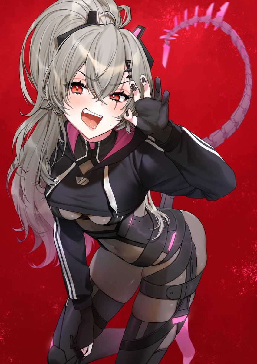 1girl ahoge bangs black_bodysuit black_nails blush bodysuit breasts claws covered_navel fangs from_above gloves hair_ornament hairclip headgear highres indie_virtual_youtuber long_hair long_sleeves looking_at_viewer medium_breasts open_mouth partially_fingerless_gloves ponytail pose red_eyes saruei_(vtuber) scar silver_hair simple_background solo tail tongue tongue_out uhhgaoh white_background