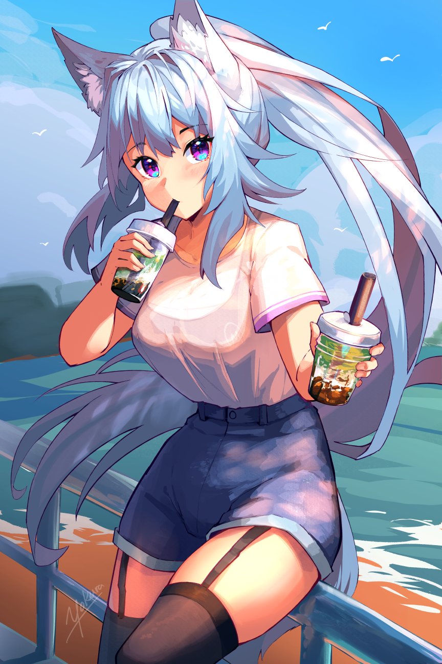 1girl animal_ears beach black_legwear blue_hair blush bra_through_clothes breasts bubble collarbone cowboy_shot denim denim_shorts drink drinking drinking_straw_in_mouth eyebrows_visible_through_hair fox_ears fox_tail garter_straps giving hair_between_eyes highres leaning_on_rail long_hair looking_at_viewer medium_breasts ocean original railing shirt shirt_tucked_in short_shorts shorts sidelocks signature skindentation sky t-shirt tail tented_shirt thigh-highs thighs very_long_hair violet_eyes water white_shirt yokura_(yukilina)