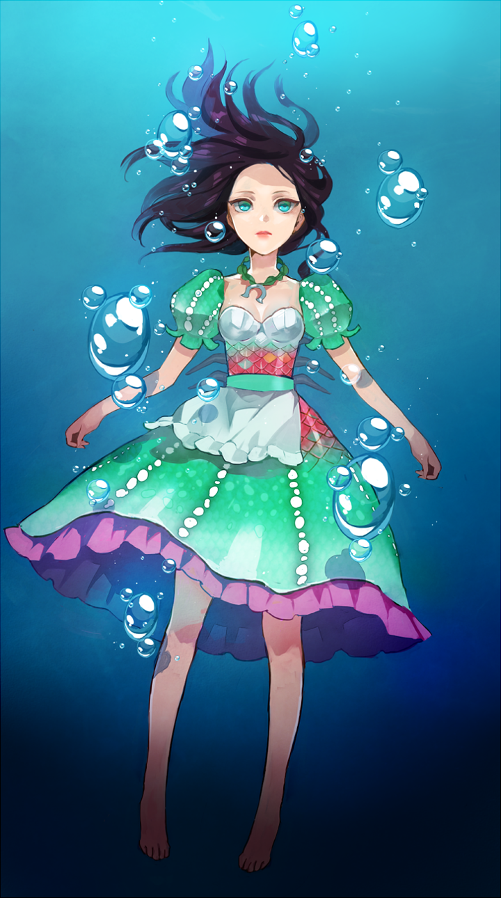 1girl alice:_madness_returns alice_(alice_in_wonderland) american_mcgee's_alice barefoot black_hair breasts closed_mouth dress feet green_eyes highres jewelry jupiter_symbol long_hair necklace popompon puffy_short_sleeves puffy_sleeves short_sleeves solo