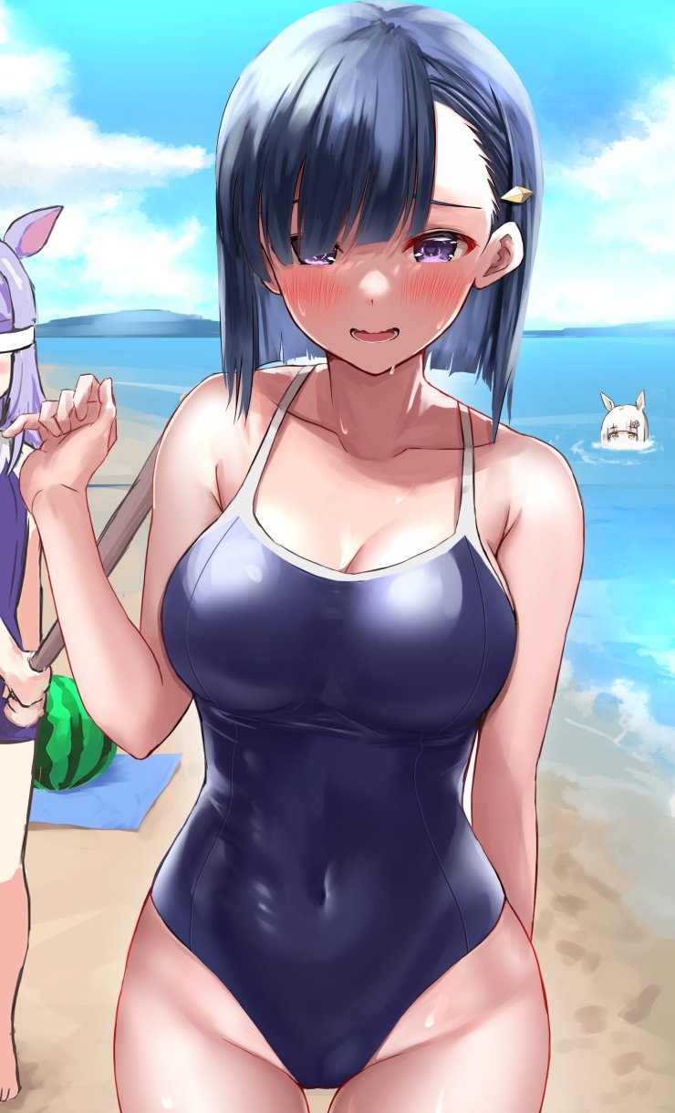 2girls beach black_hair blue_sky blue_swimsuit breasts clouds commentary_request competition_school_swimsuit covered_navel cowboy_shot day groin happy_meek_(umamusume) highres kiryuuin_aoi large_breasts mejiro_mcqueen_(umamusume) multiple_girls outdoors school_swimsuit sg_(esujii) short_hair sky solo_focus swimsuit trainer_(umamusume) umamusume violet_eyes