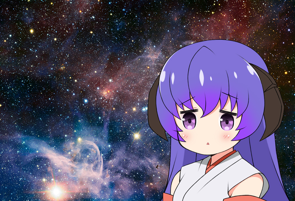 1girl :&lt; bangs blue_hair blush commentary_request curled_horns eyebrows_visible_through_hair gaou_(babel) gradient_hair hair_between_eyes hanyuu higurashi_no_naku_koro_ni horns japanese_clothes kimono long_hair looking_at_viewer multicolored_hair parted_lips purple_hair sleeveless sleeveless_kimono solo space space_cat_(meme) star_(sky) triangle_mouth upper_body violet_eyes white_kimono
