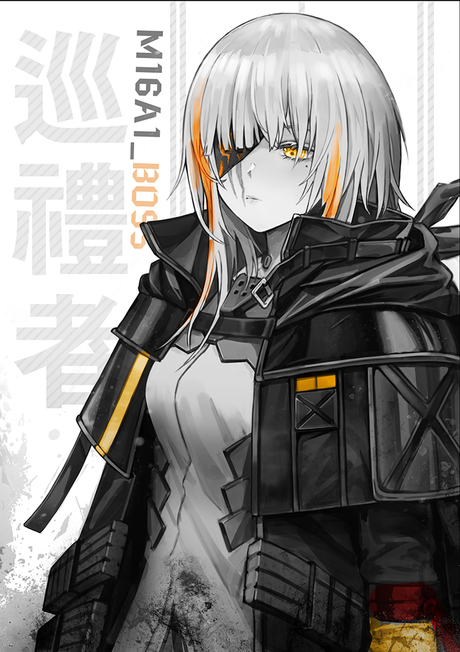 1girl artist_request bad_id bad_pixiv_id bangs black_jacket closed_mouth eyepatch girls_frontline hair_between_eyes jacket long_hair long_sleeves looking_to_the_side m16a1_(girls_frontline) m16a1_(girls_frontline)_(boss) mole mole_under_eye multicolored_hair scar scar_across_eye shirt solo streaked_hair white_background white_hair white_shirt yellow_eyes