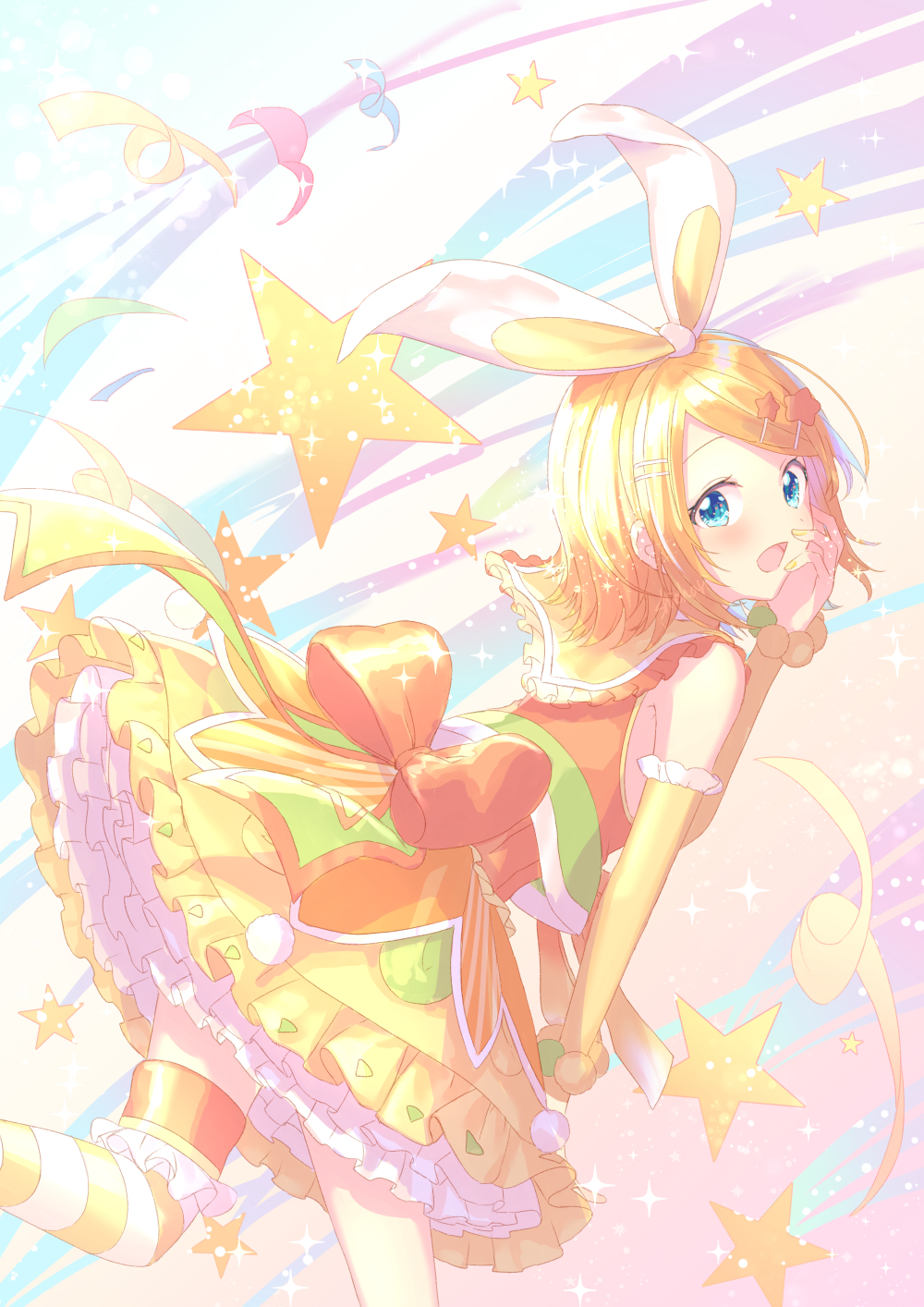 1girl aqua_eyes back bare_shoulders blonde_hair bow collar detached_sleeves dress flat_chest frilled_collar frilled_dress frilled_legwear frilled_sleeves frills hair_bow hair_ornament hairclip hand_on_own_cheek hand_on_own_face highres kagamine_rin layered_skirt leaning_forward leg_up looking_at_viewer looking_back medium_hair open_mouth orange_bow orange_theme petticoat project_sekai sailor_collar shiohari_kanna skirt sleeveless sleeveless_dress smile solo standing standing_on_one_leg striped striped_legwear thigh-highs vocaloid yellow_nails zettai_ryouiki