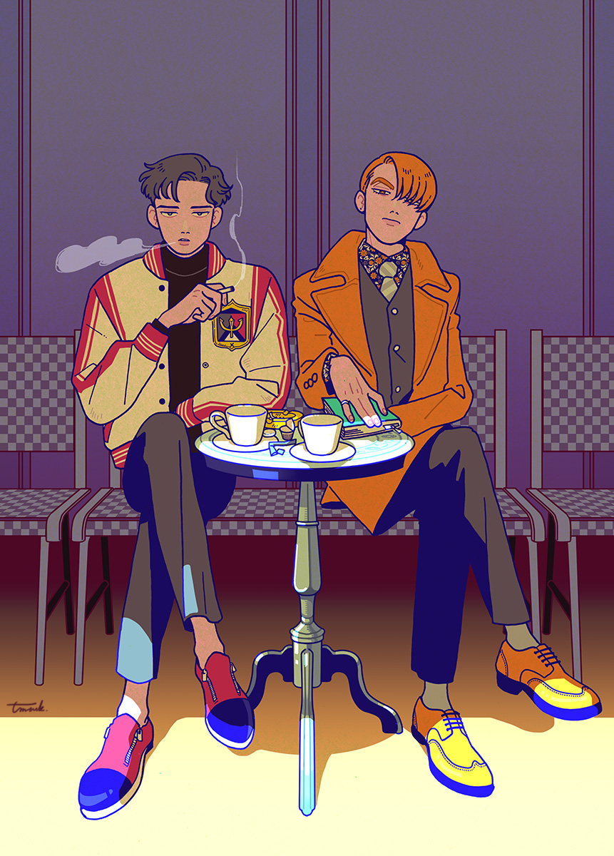 2boys black_hair black_pants book chair cigarette coat crossed_legs cup highres holding holding_cigarette kk724 long_sleeves multiple_boys necktie orange_coat orange_hair original pants pink_footwear plate print_shirt shadow shirt shoes short_hair signature smoke smoking table yellow_footwear