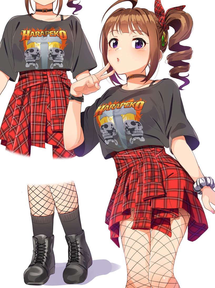 1girl :o ahoge black_choker black_shirt brown_hair choker commentary drill_hair eyebrows_visible_through_hair fishnet_legwear fishnets hair_ornament hair_ribbon hairclip idolmaster idolmaster_million_live! kamille_(vcx68) looking_at_viewer miniskirt nail_polish pantyhose plaid plaid_skirt pleated_skirt print_shirt red_ribbon red_skirt ribbon scrunchie shirt short_hair short_sleeves side_ponytail simple_background skirt solo standing t-shirt v violet_eyes white_background wrist_scrunchie yokoyama_nao