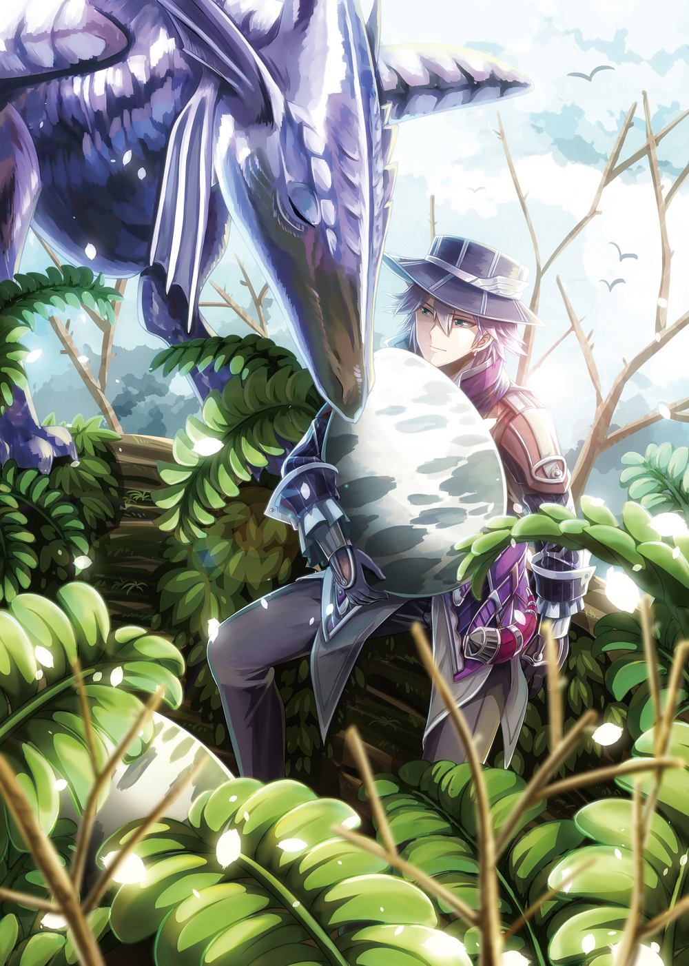 1boy 1other closed_eyes dinosaur egg falcom hat highres hummel_(ys) in_tree nature sellen sitting sitting_in_tree tree ys ys_viii_lacrimosa_of_dana