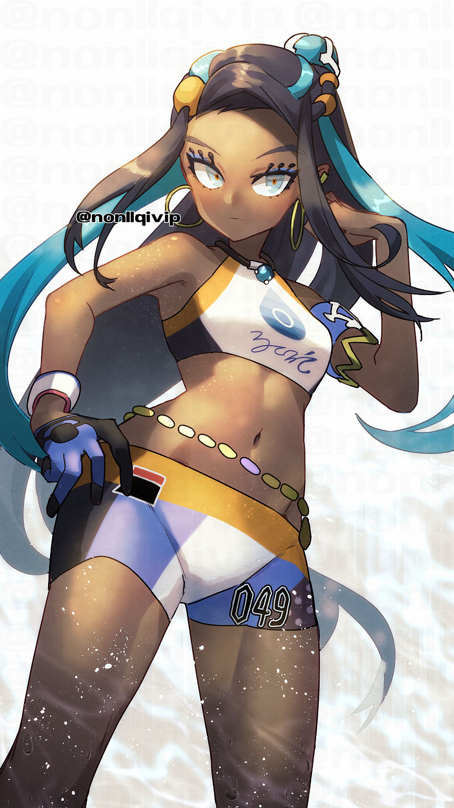 1girl armlet belly_chain bike_shorts black_hair blue_eyes blue_eyeshadow blue_hair breasts closed_mouth commentary_request dark-skinned_female dark_skin dynamax_band ear_clip earrings eyeshadow gloves gym_leader hair_bun hand_on_hip hand_up highres hoop_earrings jewelry long_hair makeup multicolored_hair navel necklace nessa_(pokemon) pokemon pokemon_(game) pokemon_swsh single_glove solo swimsuit two-tone_hair yamanashi_taiki