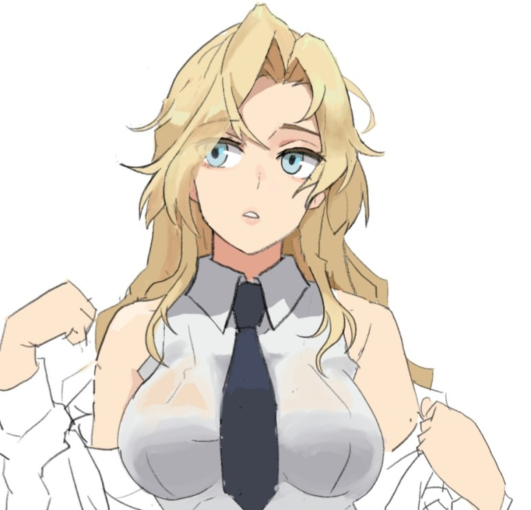 1girl blonde_hair breasts commentary_request dress_shirt facing_viewer hornet_(kancolle) kantai_collection korean_commentary large_breasts long_hair looking_to_the_side parted_lips perfect_han shirt sideways_glance simple_background solo white_background white_shirt work_in_progress