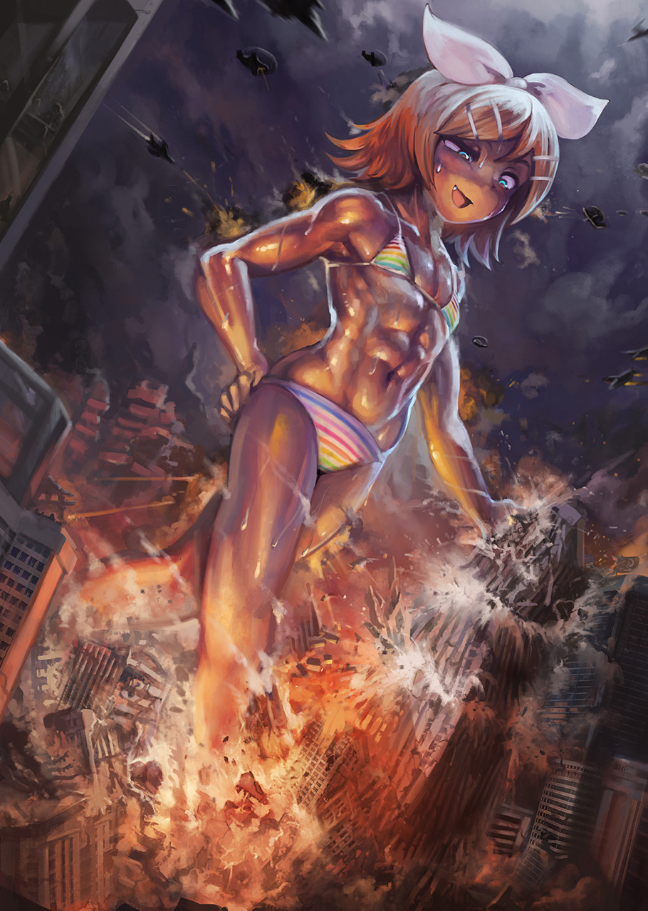 1girl abs aircraft airplane bikini building city commentary destruction english_commentary explosion fang fighter_jet giant giantess grey_sky half-closed_eye hand_on_hip helicopter highres jet kagamine_rin military military_vehicle muscular muscular_female navel open_mouth punching rainbow_bikini raised_eyebrow skyscraper smile smug standing striped striped_bikini sweat swimsuit vocaloid yilx