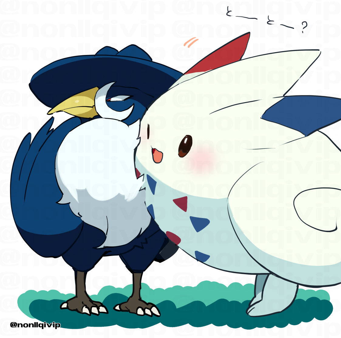 ;d bird blush brown_eyes closed_mouth commentary_request gen_4_pokemon honchkrow looking_away no_humans one_eye_closed open_mouth pokemon pokemon_(creature) red_eyes smile standing talons togekiss tongue white_background yamanashi_taiki