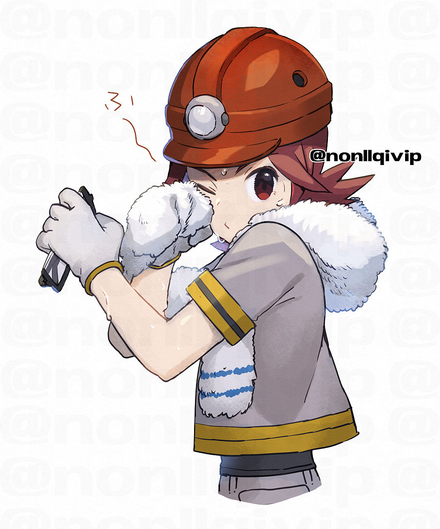 1boy black-framed_eyewear black_shirt commentary_request from_side glasses gloves grey_jacket grey_pants gym_leader hands_up helmet holding jacket male_focus pants pokemon pokemon_(game) pokemon_dppt red_eyes red_headwear redhead roark_(pokemon) shirt short_sleeves solo upper_body white_background white_gloves yamanashi_taiki