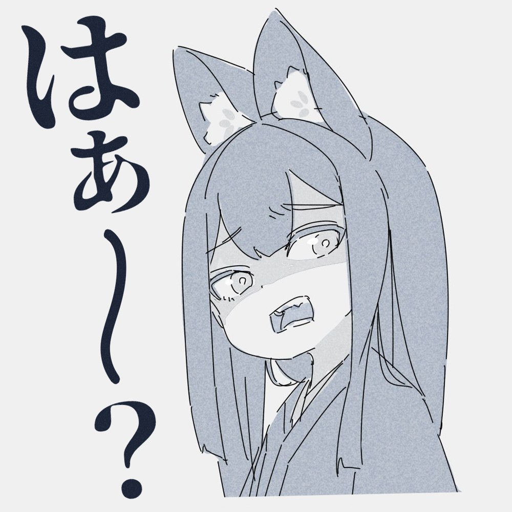 1girl animal_ear_fluff animal_ears bangs commentary_request cropped_torso eyebrows_visible_through_hair fox_ears grey_background greyscale japanese_clothes kimono kuro_kosyou long_hair looking_at_viewer monochrome open_mouth original shaded_face simple_background solo translated upper_body yui_(kuro_kosyou)
