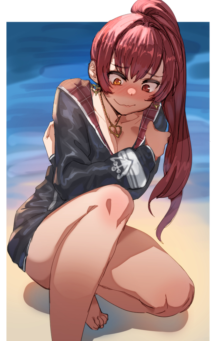 1girl barefoot black_jacket blush bow_(bhp) breasts closed_mouth collarbone covering covering_breasts earrings embarrassed heart heart_earrings heart_necklace heterochromia hololive houshou_marine jacket jewelry long_hair long_sleeves medium_breasts ponytail red_eyes redhead solo squatting virtual_youtuber wavy_mouth yellow_eyes