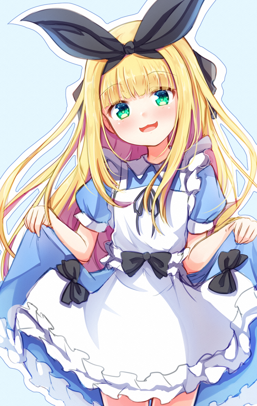 1girl :d apron bangs baram black_bow black_ribbon blonde_hair blue_background blue_dress bow commentary_request dress eyebrows_visible_through_hair frilled_apron frills green_eyes hair_ribbon highres long_hair looking_at_viewer mononobe_alice nijisanji open_mouth outline puffy_short_sleeves puffy_sleeves ribbon short_sleeves skirt_hold smile solo very_long_hair virtual_youtuber white_apron white_outline