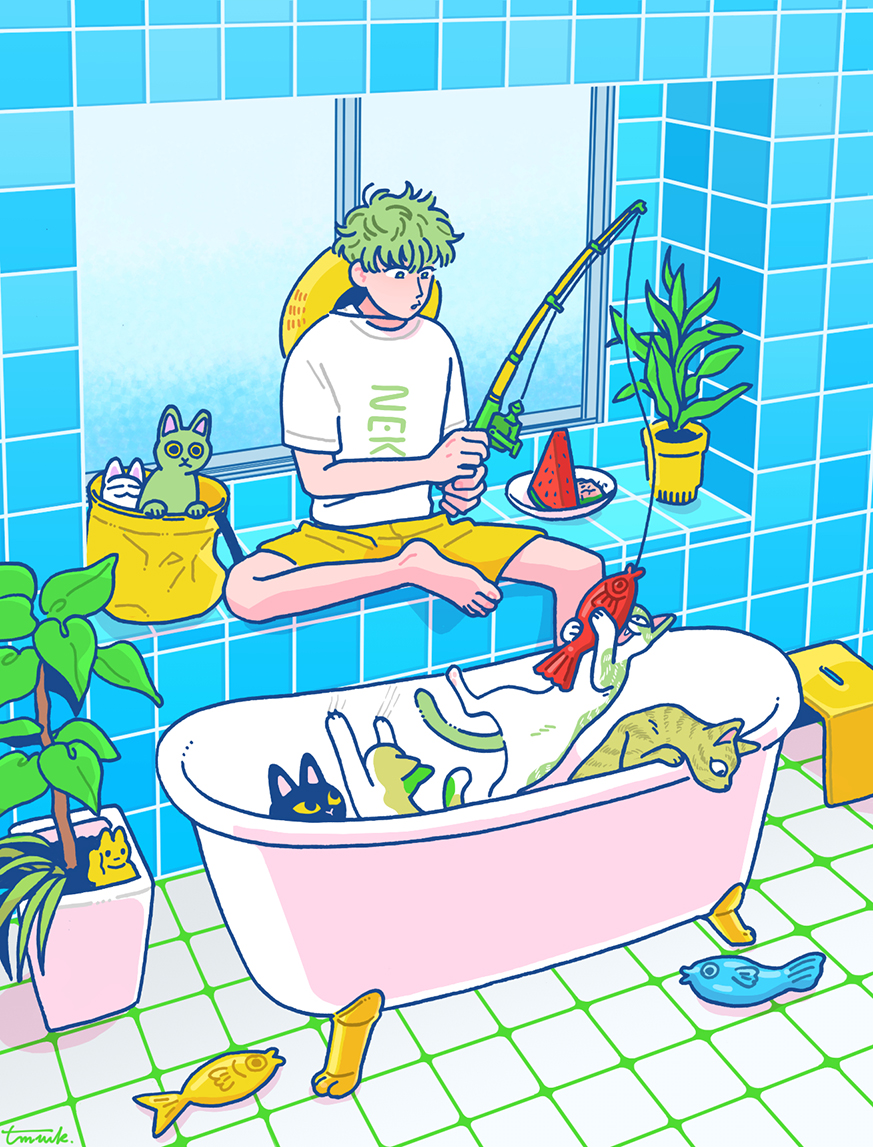 1boy barefoot bathtub cat claw_foot_bathtub fishing_line fishing_rod food fruit green_hair hat_on_back kk724 leaf original pants plant plate potted_plant shadow shirt short_hair short_sleeves solo tile_floor tile_wall tiles watermelon watermelon_slice white_shirt window yellow_pants