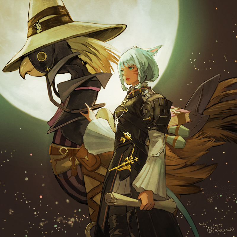 1girl animal_ears bangs blue_eyes boots cat_ears cat_tail chocobo earrings facial_mark final_fantasy final_fantasy_xiv from_side full_moon hat jewelry miqo'te moon muraicchi_(momocchi) open_mouth short_hair solo tail thigh-highs thigh_boots whisker_markings white_hair wide_sleeves witch_hat