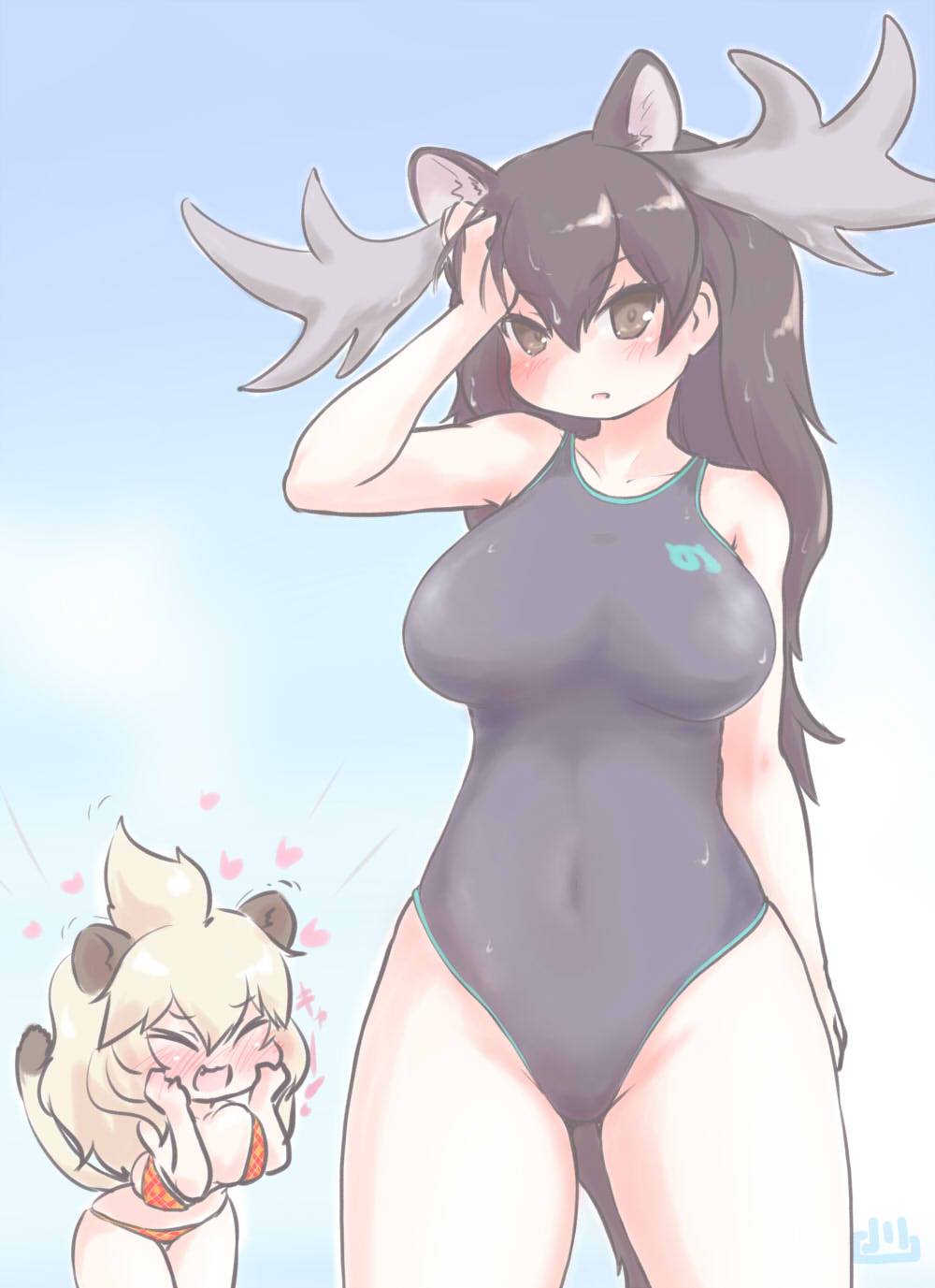 2girls :3 alternate_costume animal_ears antlers big_hair bikini black_swimsuit blonde_hair blush brown_eyes brown_hair commentary_request cowboy_shot extra_ears eyebrows_visible_through_hair fang hands_on_own_face heart highres japari_symbol kemono_friends lion_(kemono_friends) lion_ears lion_girl lion_tail long_hair moose_(kemono_friends) moose_ears moose_girl moose_tail multiple_girls one-piece_swimsuit open_mouth plaid plaid_bikini red_bikini sky swimsuit tail uho_(uhoyoshi-o)