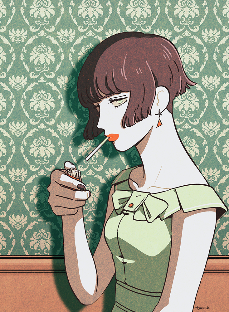 1girl bangs black_hair black_nails bob_cut cigarette collarbone dress earrings hand_up holding_lighter jewelry kk724 lighter looking_at_viewer original shadow short_hair solo upper_body wallpaper_(object) white_dress white_eyes