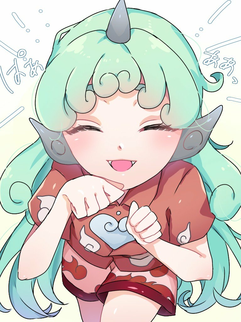 1girl bangs blush closed_eyes collar eringi_(rmrafrn) eyebrows_visible_through_hair gradient gradient_background green_hair hands_up horns komano_aunn long_hair multicolored multicolored_clothes multicolored_shorts open_mouth red_shirt red_shorts shirt short_sleeves shorts smile solo touhou white_background white_shorts yellow_background