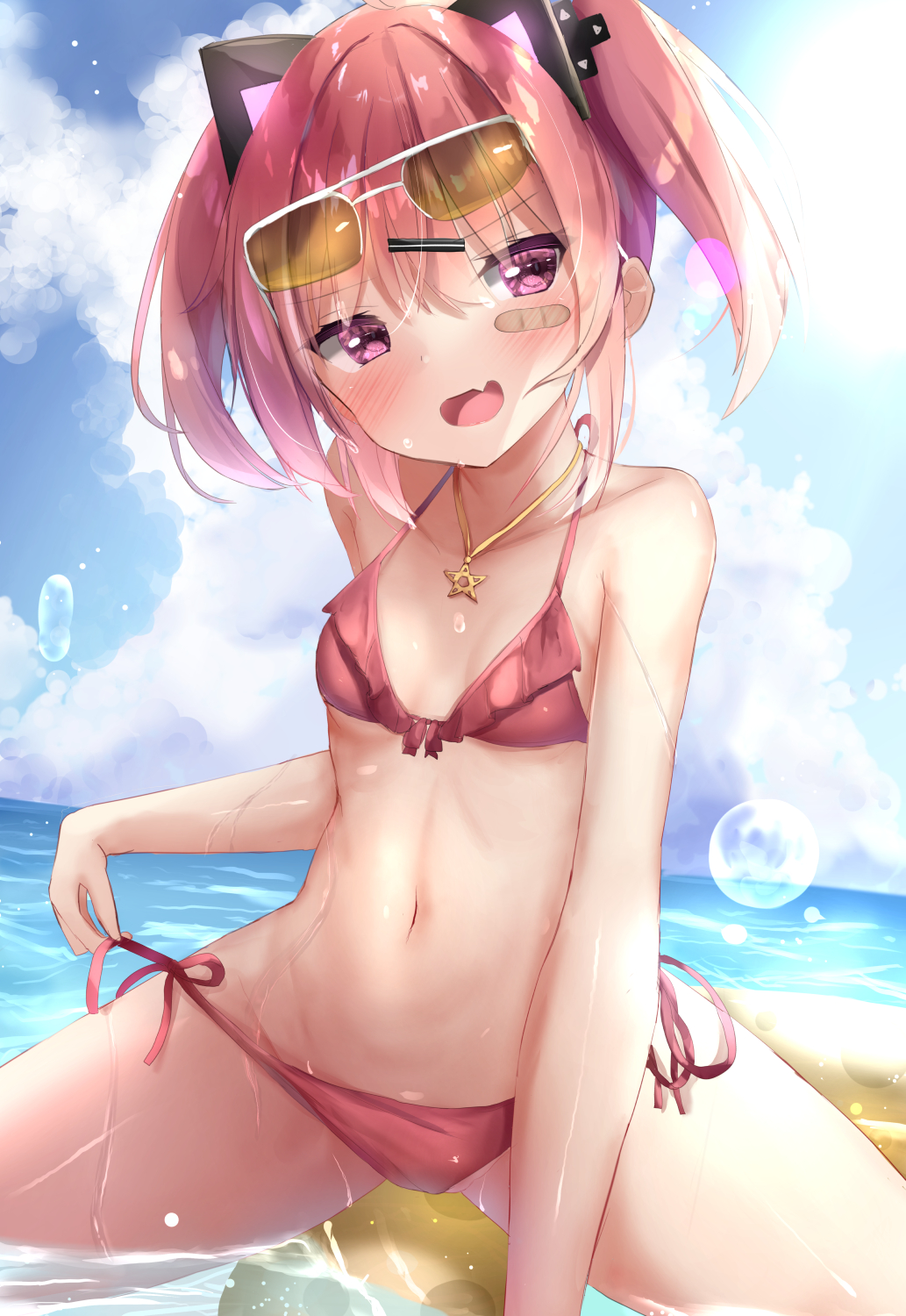1girl :d arm_support bandaid bandaid_on_cheek bangs bare_arms bare_shoulders bikini blue_sky blush breasts brown-tinted_eyewear clouds cloudy_sky collarbone day eyebrows_visible_through_hair eyewear_on_head fang hair_between_eyes hair_ornament hairclip halterneck head_tilt headgear highres horizon looking_at_viewer natuna_natu navel ocean open_mouth original outdoors red_bikini redhead revision short_twintails side-tie_bikini sky small_breasts smile solo string_bikini sunglasses swimsuit twintails violet_eyes water