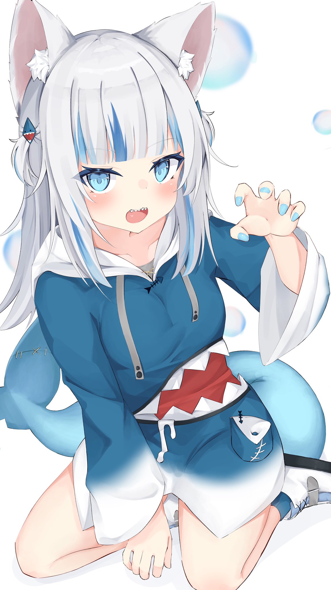 1girl animal_ear_fluff animal_ears bangs blue_eyes blue_hair blue_hoodie blue_nails blunt_bangs blush cat_ears claw_pose fish_tail gawr_gura highres hololive hololive_english hood hoodie kneeling konotuki long_hair looking_at_viewer multicolored_hair shark_tail sharp_teeth shoes solo streaked_hair tail teeth two_side_up virtual_youtuber white_background white_footwear white_hair