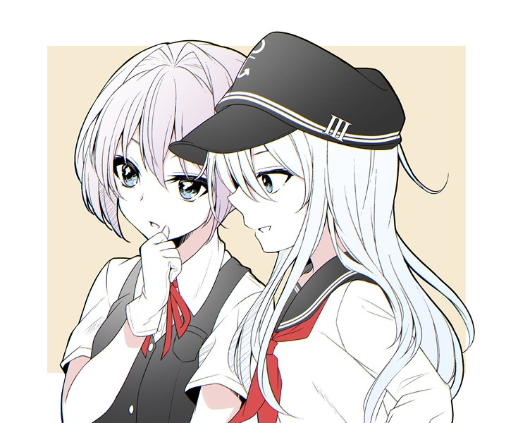 2girls anchor_symbol black_sailor_collar black_vest blue_eyes commentary_request dress_shirt flat_cap hat hibiki_(kancolle) hikobae kantai_collection long_hair multiple_girls neck_ribbon neckerchief pink_hair ponytail profile red_neckwear red_ribbon ribbon sailor_collar school_uniform serafuku shiranui_(kancolle) shirt short_hair short_sleeves silver_hair upper_body vest white_shirt