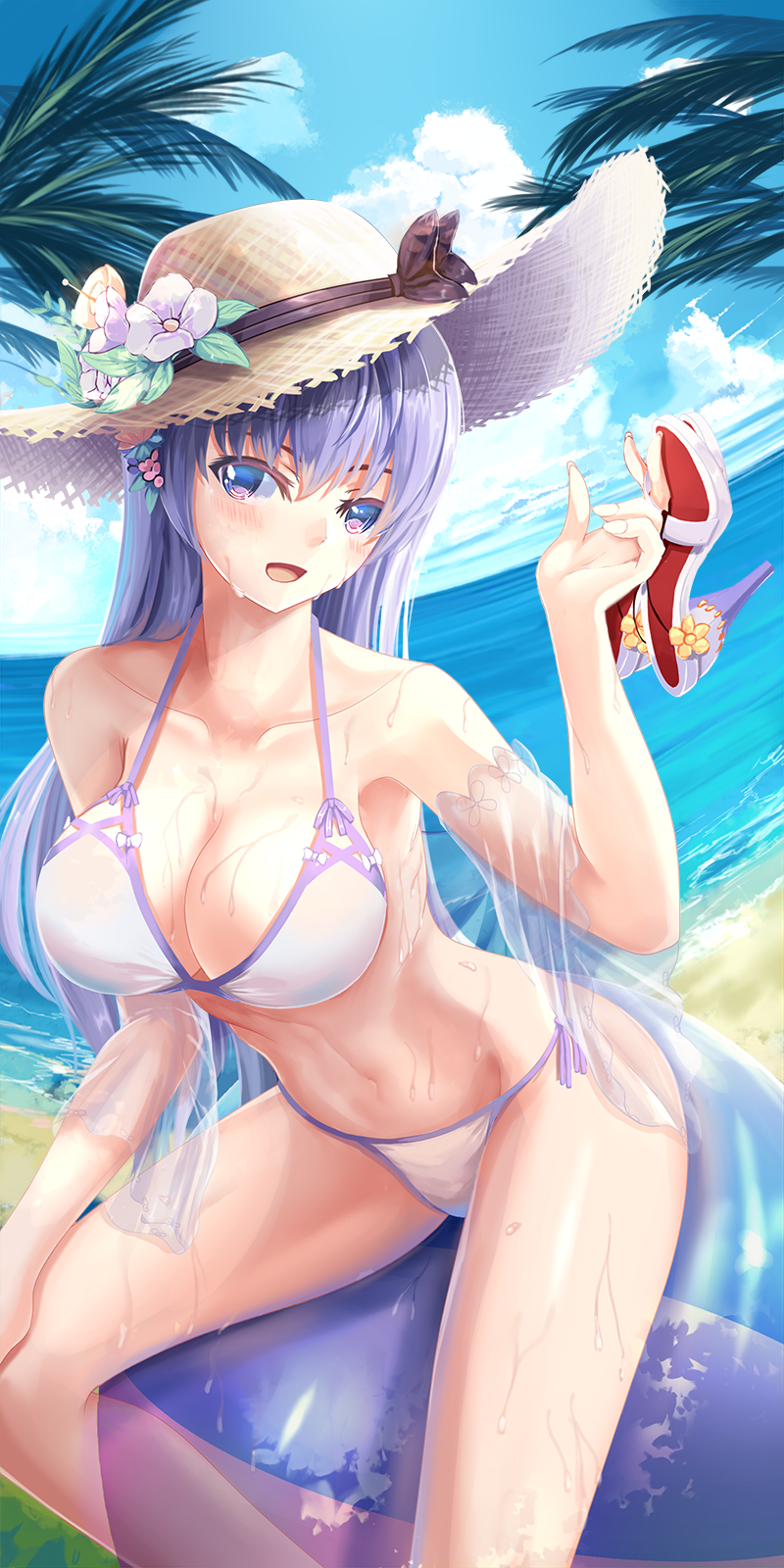 1girl azur_lane ball beachball bikini bow bow_bikini breasts dutch_angle e^(in)+1=0 feet_out_of_frame flower hat hat_flower highres holding holding_clothes holding_footwear holding_shoes large_breasts long_hair multiple_straps official_alternate_costume palm_leaf panties purple_hair rodney_(azur_lane) rodney_(future_beach_admiral)_(azur_lane) see-through_sleeves shoes shoes_removed sitting solo straw_hat sun_hat swimsuit underwear violet_eyes water wet white_bikini