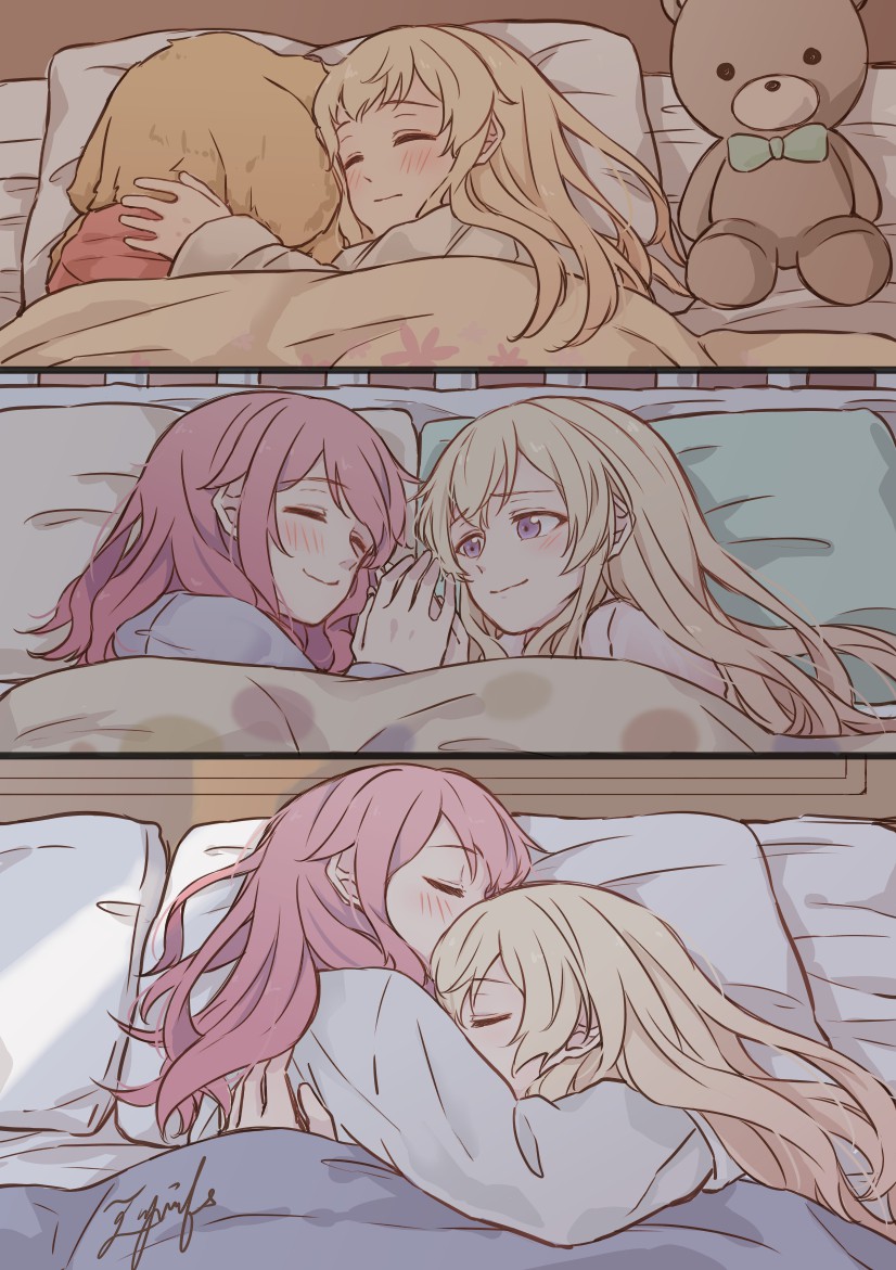 2girls aiiro_bokujuu bang_dream! bed blonde_hair closed_eyes dog holding_hands hug long_hair lying maruyama_aya multiple_girls on_bed pink_hair progression shirasagi_chisato signature sleeping smile stuffed_animal stuffed_toy teddy_bear violet_eyes younger yuri