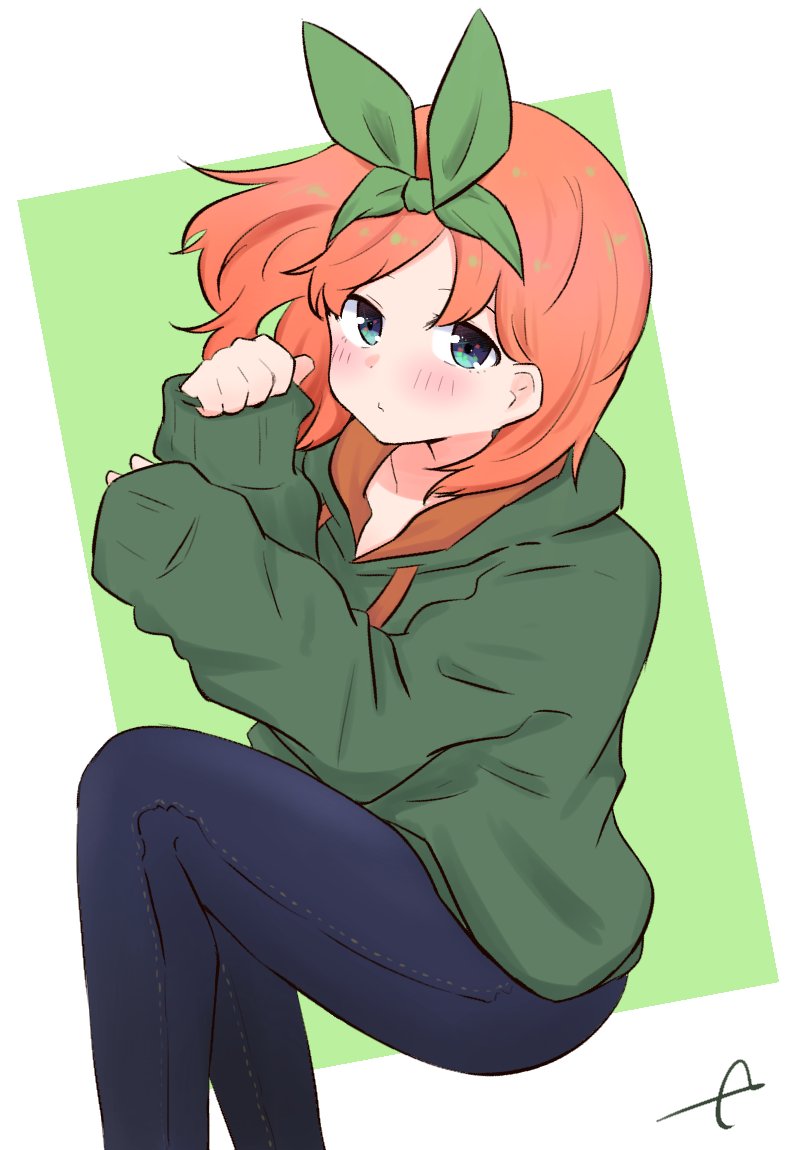 1girl bangs blue_eyes blue_pants blush closed_mouth commentary_request denim drawstring eyebrows_behind_hair feet_out_of_frame go-toubun_no_hanayome green_background green_hoodie green_ribbon hair_ribbon hands_up hood hood_down hoodie jeans knees_up kujou_karasuma long_sleeves looking_at_viewer nakano_yotsuba orange_hair pants parted_bangs ribbon simple_background sleeves_past_wrists solo two-tone_background white_background