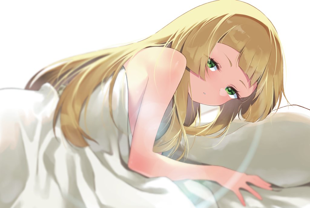 1girl bangs blonde_hair blurry blush eyelashes from_side green_eyes lillie_(pokemon) long_hair looking_at_viewer momihige parted_lips pillow pokemon pokemon_(game) pokemon_sm sleepy solo under_covers waking_up