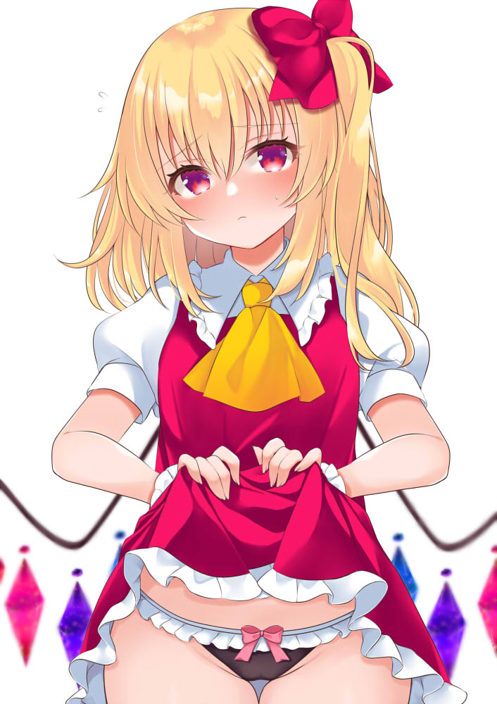 1girl :&lt; ascot bangs black_panties blonde_hair blurry blush bow bow_panties breasts closed_mouth commentary_request cowboy_shot crystal depth_of_field eyebrows_visible_through_hair flandre_scarlet flying_sweatdrops frilled_shirt_collar frills hair_between_eyes hair_bow holding holding_clothes long_hair looking_at_viewer no_hat no_headwear one_side_up panties petticoat puffy_short_sleeves puffy_sleeves red_bow red_skirt red_vest short_sleeves simple_background skirt skirt_hold small_breasts solo tosakaoil touhou underwear vest white_background wings yellow_neckwear