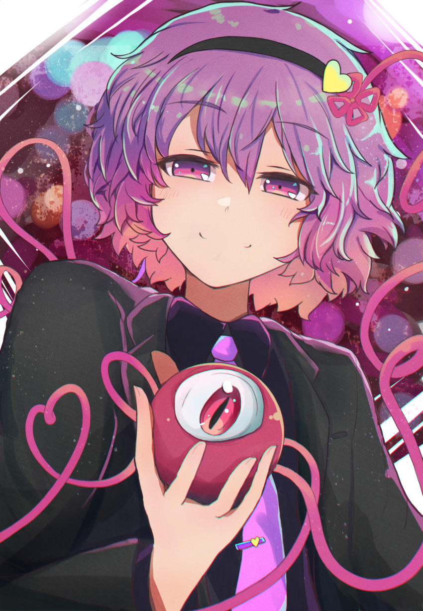 1girl bangs black_hairband black_jacket black_shirt brown_background bubble bubble_background closed_mouth collar eyebrows_visible_through_hair gradient gradient_hair hair_between_eyes hairband hand_up heart heart-shaped_pupils highres jacket komeiji_satori long_sleeves looking_at_viewer multicolored multicolored_background multicolored_eyes multicolored_hair necktie pink_background pink_eyes pink_hair pink_neckwear purple_background purple_hair red_eyes shirt short_hair smile solo symbol-shaped_pupils third_eye touhou violet_eyes weather_(hamamurataka) white_background