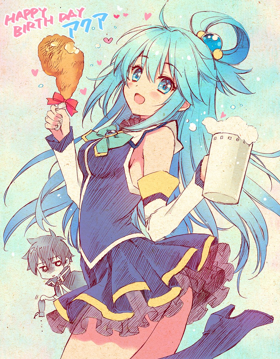 1girl aqua_(konosuba) aqua_bow aqua_eyes aqua_hair black_footwear black_hair blush boots bow carnelian cowboy_shot cup detached_sleeves food happy_birthday highres holding holding_cup holding_food kono_subarashii_sekai_ni_shukufuku_wo! leg_up mug open_mouth pleated_skirt red_bow satou_kazuma shirt short_hair skirt sleeveless sleeveless_shirt