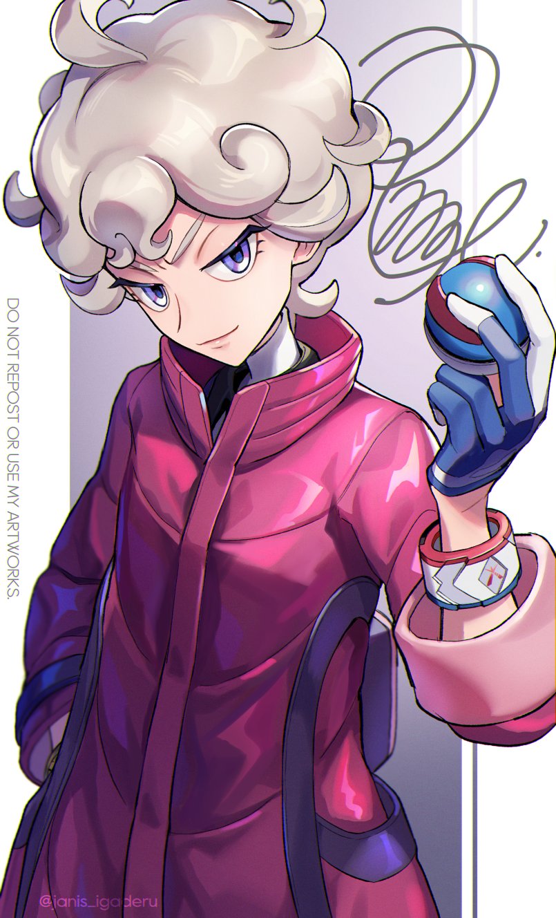 1boy ahoge bangs bede_(pokemon) blonde_hair closed_mouth coat commentary_request curly_hair dynamax_band eyelashes gloves great_ball hand_up highres holding holding_poke_ball janis_(hainegom) male_focus poke_ball pokemon pokemon_(creature) pokemon_(game) pokemon_swsh popped_collar purple_coat short_hair sleeves_rolled_up smile solo twitter_username violet_eyes watermark