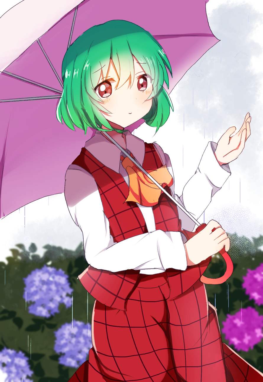 1girl bangs blue_flower blush bush closed_mouth clouds cloudy_sky collar eyebrows_visible_through_hair eyes_visible_through_hair flower green_hair grey_sky hair_between_eyes hands_up highres holding holding_umbrella kazami_yuuka long_sleeves looking_at_viewer no_hat no_headwear pink_flower plaid plaid_skirt plaid_vest rain red_eyes red_skirt red_vest shadow shirt short_hair skirt sky smile solo standing touhou umbrella vest white_shirt yellow_neckwear zeroko-san_(nuclear_f)