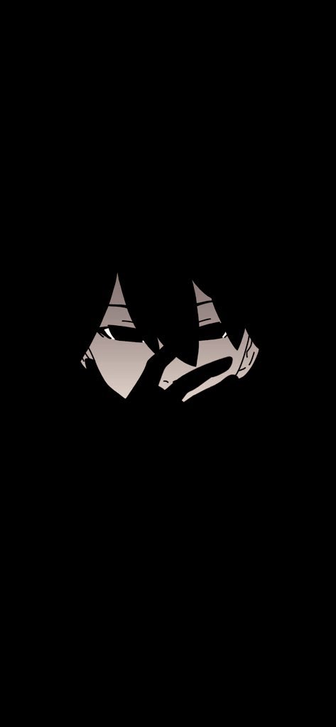 1girl bangs black_background black_eyes black_gloves black_hair camouflage commentary covering_mouth darkness expressionless face gloves hair_between_eyes hand_over_face long_bangs looking_at_viewer monogatari_(series) narrowed_eyes oshino_ougi serious simple_background solo yosetsu_(piccho)