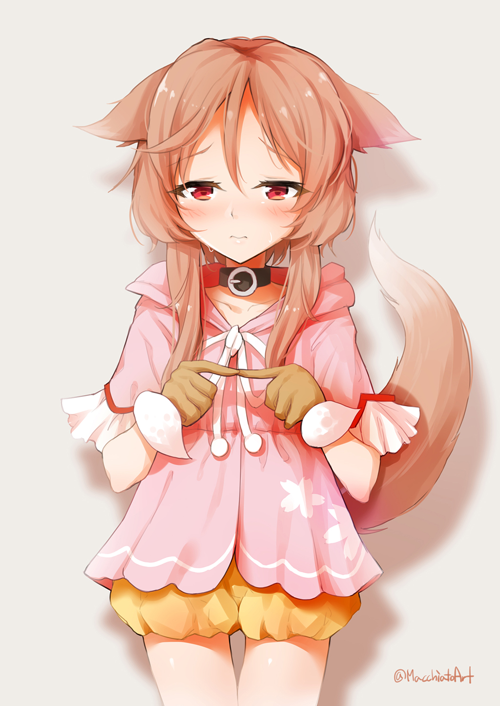 1girl animal_ears bangs blush brown_gloves brown_hair collarbone commentary_request ears_down eyebrows_visible_through_hair fingers_together fox_ears fox_girl fox_tail fur-trimmed_gloves fur_trim gloves grey_background hair_between_eyes highres hood hood_down index_fingers_together long_hair macchiato_(jae-min_cho) ooka_miko photoshop_(medium) pink_shirt puffy_shorts red_eyes revision shirt short_shorts short_sleeves shorts simple_background solo sweat tail twitter_username utau yellow_shorts