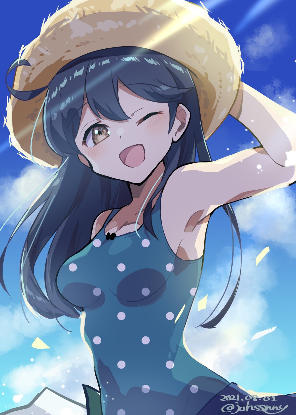 1girl ahoge black_hair blue_sky brown_eyes casual_one-piece_swimsuit clouds commentary_request dated hat highres johssnny kantai_collection long_hair one-piece_swimsuit one_eye_closed polka_dot polka_dot_swimsuit sky solo straw_hat sun_hat swimsuit twitter_username upper_body ushio_(kancolle)