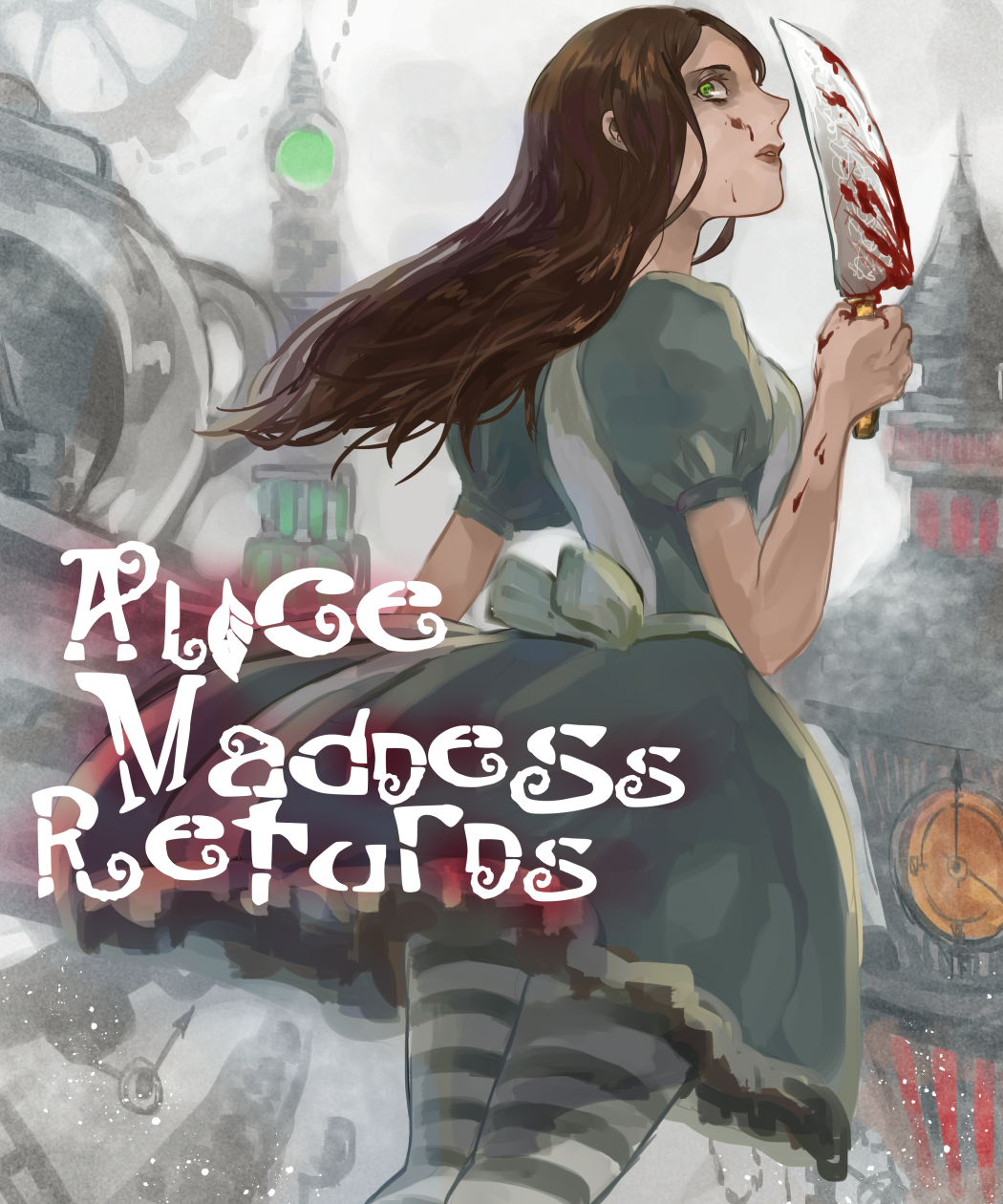 1girl alice:_madness_returns alice_(alice_in_wonderland) american_mcgee's_alice black_hair blood breasts closed_mouth doro_(kura-chou) dress green_eyes highres holding knife long_hair pantyhose puffy_sleeves short_sleeves solo striped striped_legwear weapon