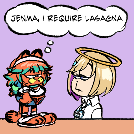 1girl annoyed blonde_hair cat collared_shirt colored_inner_hair cosplay garfield garfield_(character) halo hololive hololive_english id_card jenma-chan jim_davis_(style) lowres multicolored_hair orange_hair parody peagade purple_hair sandals shirt short_hair style_parody tail takanashi_kiara takanashi_kiara_(cosplay) thought_bubble triangle_hair_ornament virtual_youtuber white_shirt