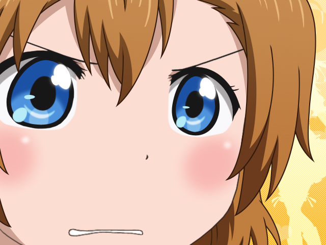 1girl angry bangs blue_eyes close-up commentary_request gunuaki gununu ichigo_mashimaro kousaka_honoka love_live! love_live!_school_idol_project orange_hair parody short_hair sidelocks solo yellow_background