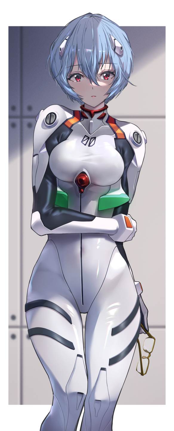 1girl arume_ad ayanami_rei bangs blue_hair bodysuit border breasts commentary eyebrows_visible_through_hair eyewear_removed feet_out_of_frame glasses hair_between_eyes highres holding holding_eyewear interface_headset looking_at_viewer medium_breasts neon_genesis_evangelion parted_lips plugsuit red_eyes short_hair skin_tight solo white_bodysuit white_border