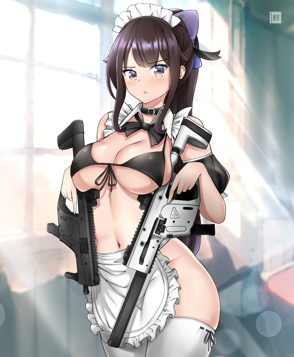 1girl apron bare_shoulders bikini black_bikini black_choker black_hair bottomless bow bowtie breasts brown_eyes choker cowboy_shot detached_collar detached_sleeves dual_wielding freshtango frills front-tie_bikini front-tie_top gun hair_bow highres holding holding_gun holding_weapon indoors kriss_vector large_breasts long_hair looking_at_viewer maid_apron maid_bikini maid_headdress navel original parted_lips ponytail sidelocks skindentation solo standing stomach string_bikini submachine_gun sunlight sweat swimsuit thigh-highs trigger_discipline waist_apron weapon white_legwear