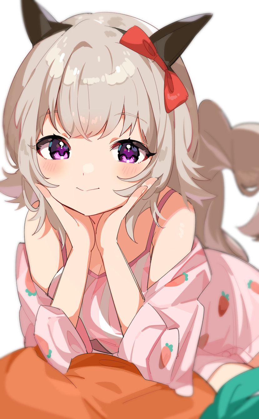 1girl animal_ears bare_shoulders blush bow closed_mouth curren_chan_(umamusume) ear_bow fingernails grey_hair hands_up head_rest highres horse_ears inuyama_nanami long_sleeves looking_at_viewer pajamas pink_pajamas red_bow simple_background smile solo tail umamusume violet_eyes white_background