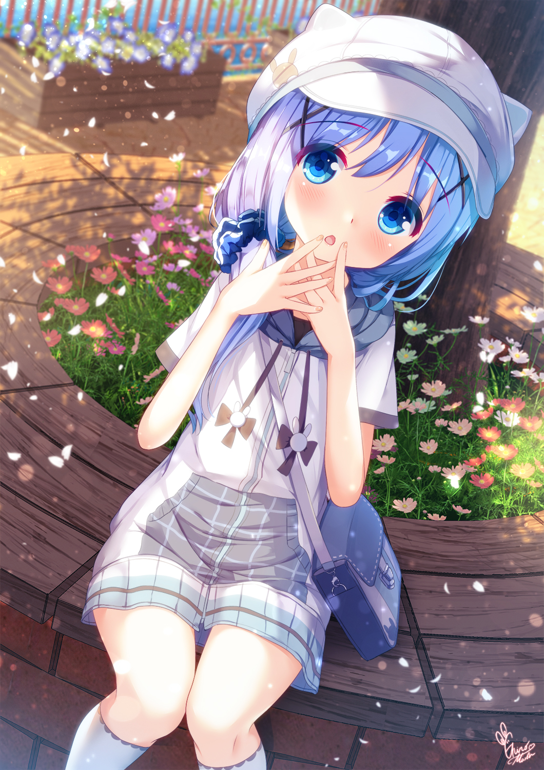1girl animal_ears animal_hat bag bangs black_shirt blue_eyes blue_flower blue_hair blue_scrunchie blush cabbie_hat chinomaron commentary_request day eyebrows_visible_through_hair fake_animal_ears feet_out_of_frame flower gochuumon_wa_usagi_desu_ka? grey_skirt hair_between_eyes hair_ornament hair_over_shoulder hair_scrunchie hand_to_own_mouth hands_up hat highres hood hood_down hooded_jacket jacket kafuu_chino kneehighs knees_together_feet_apart long_hair low_ponytail outdoors parted_lips petals pink_flower ponytail purple_flower red_flower scrunchie shirt short_sleeves shoulder_bag signature sitting skirt solo white_flower white_headwear white_jacket white_legwear x_hair_ornament
