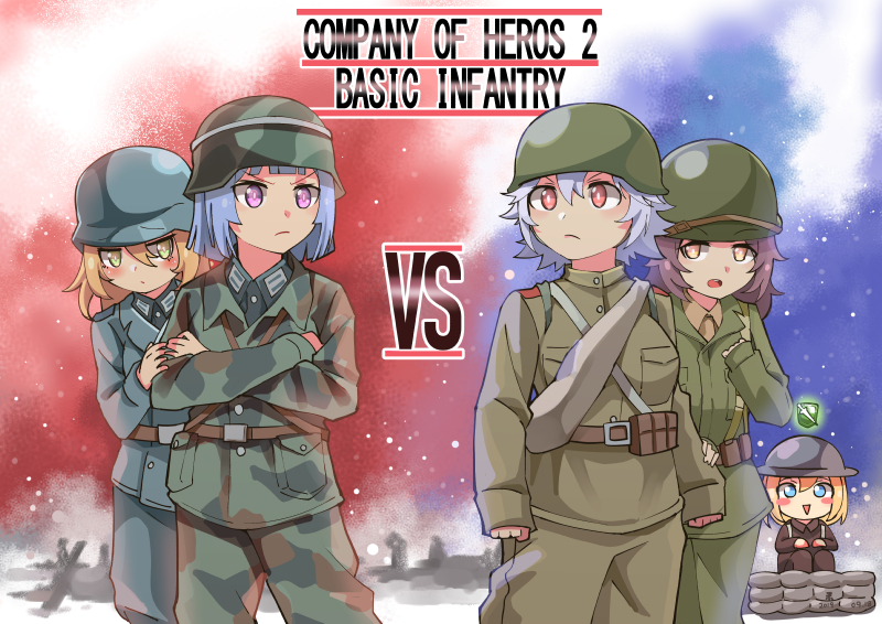 5girls :d :o bangs blonde_hair blue_hair blush british_army brown_hair closed_mouth company_of_heroes german_army hair_between_eyes hand_on_another's_arm hands_on_another's_arm hat helmet long_sleeves looking_at_another looking_back military military_hat military_uniform multiple_girls on_floor open_mouth original red_eyes sandbag short_hair sitting smile soviet soviet_army uniform united_states_army violet_eyes world_war_ii yellow_eyes zhainan_s-jun